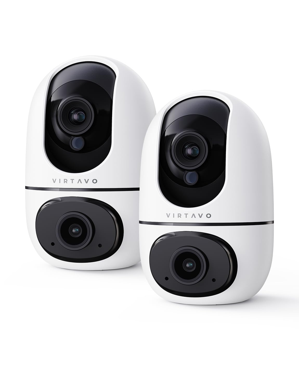 VIRTAVO XD1 indoor camera dual-lens view for complete room coverage and pet monitoring.