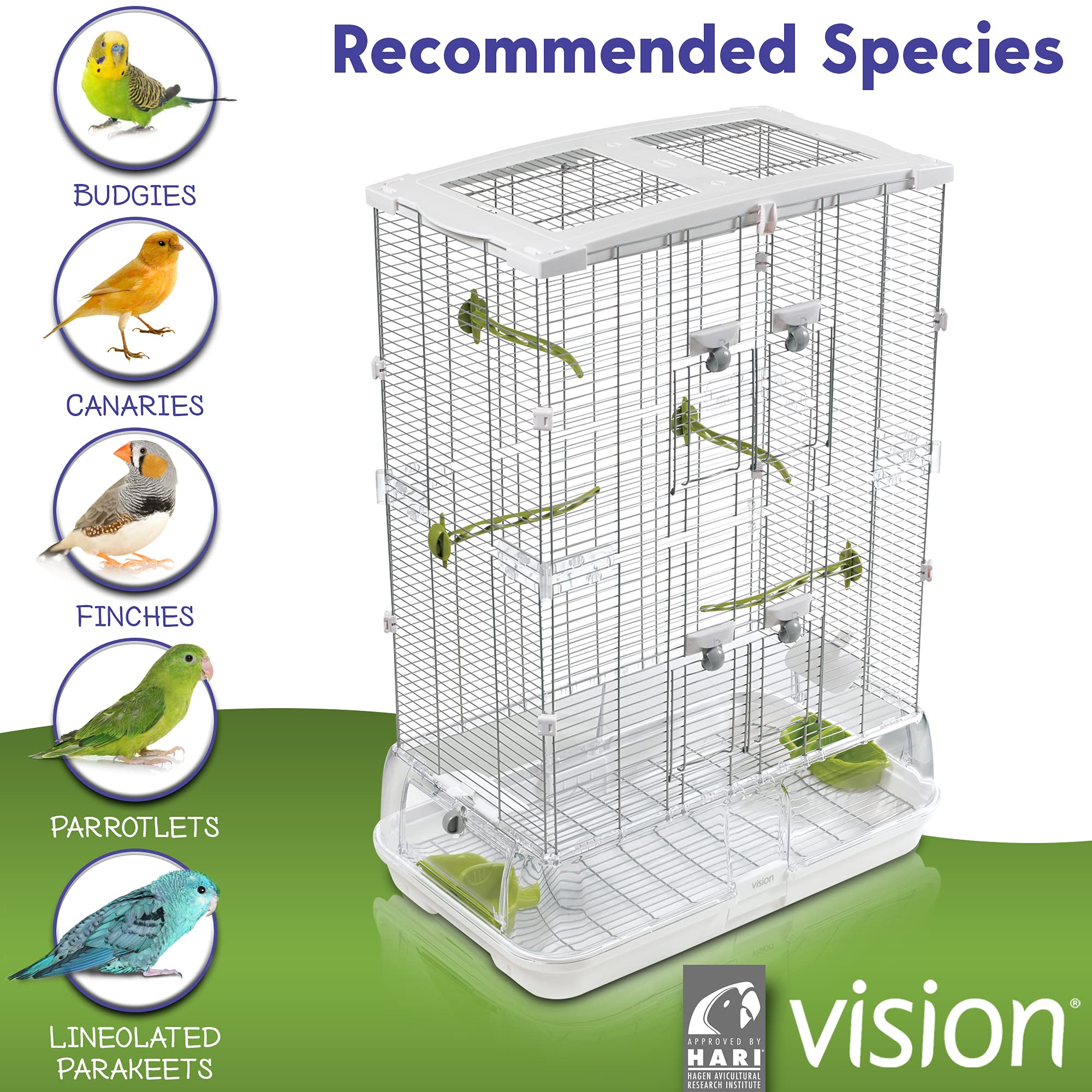 Vision M02 medium cage suitable for budgies, finches, canaries, and lineolated parakeets.