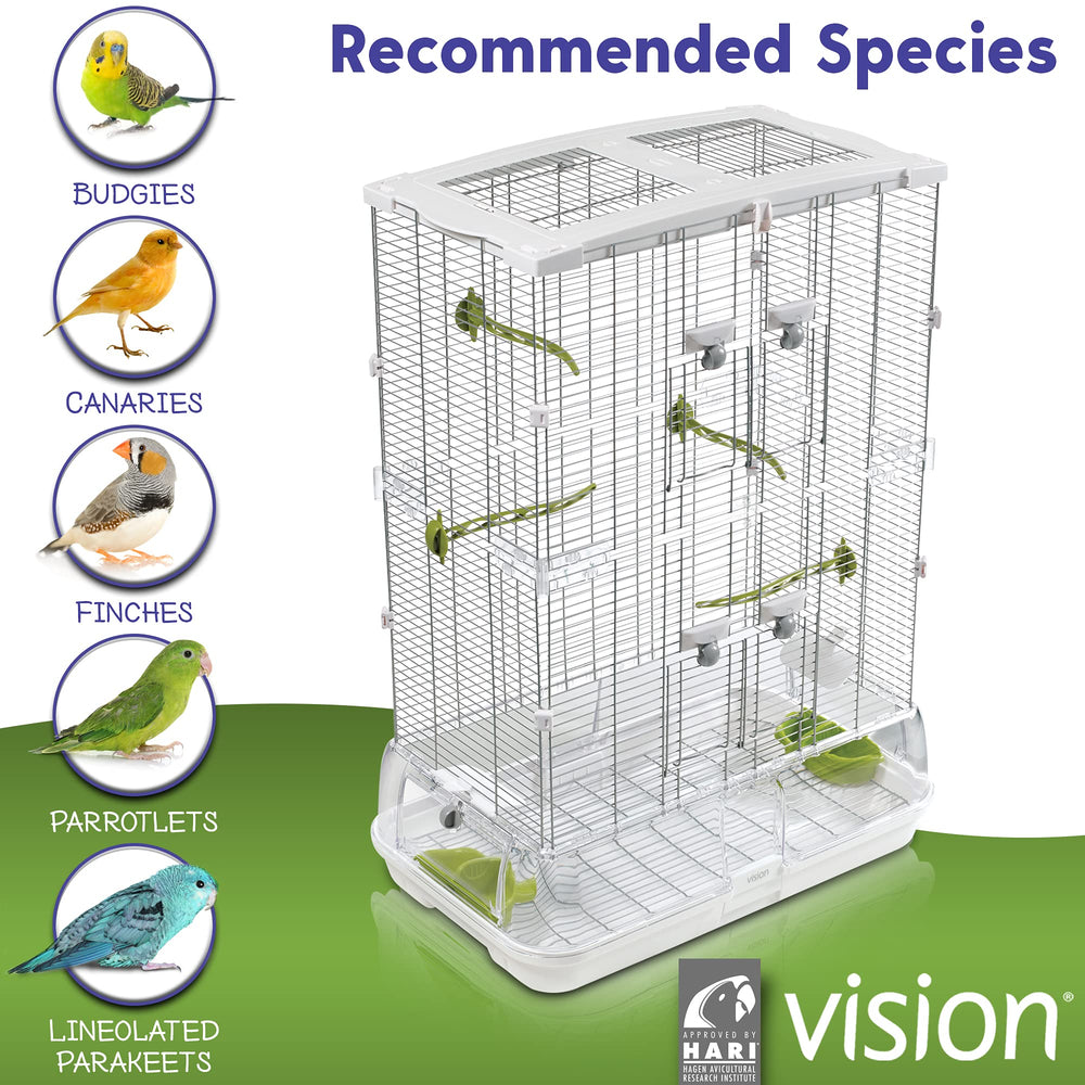Vision M02 medium cage suitable for budgies, finches, canaries, and lineolated parakeets.