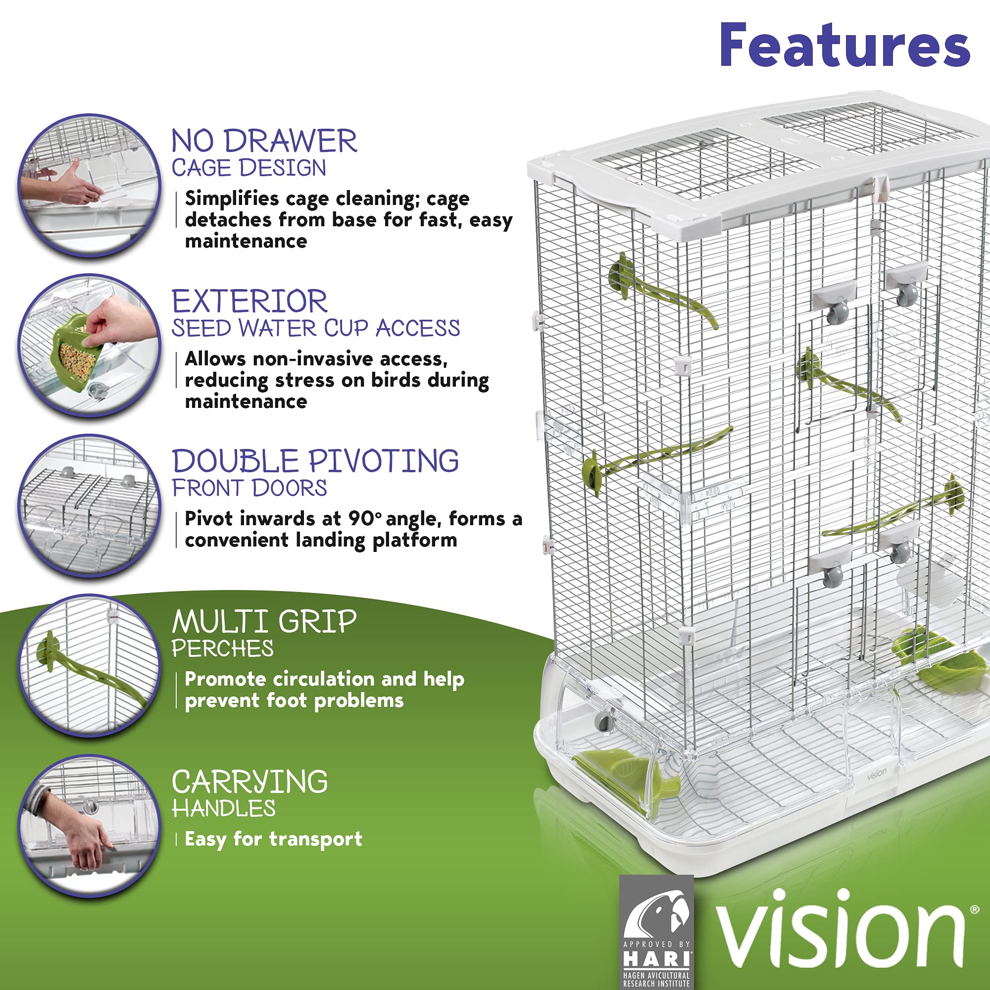 Vision M02 cage with removable base for quick, easy cleaning.