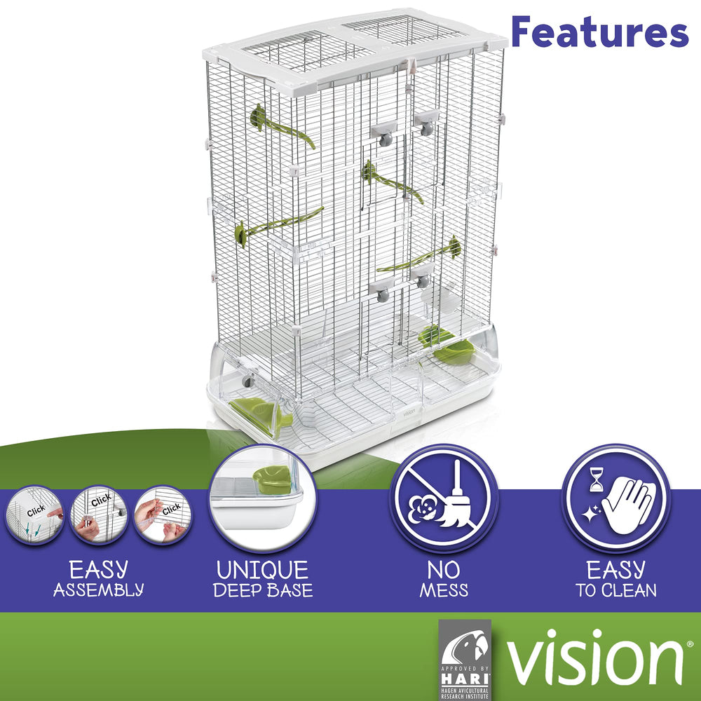 Vision M02 exterior access to seed and water cups reduces bird handling stress.