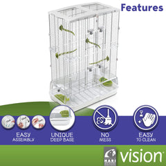 Vision M02 exterior access to seed and water cups reduces bird handling stress.