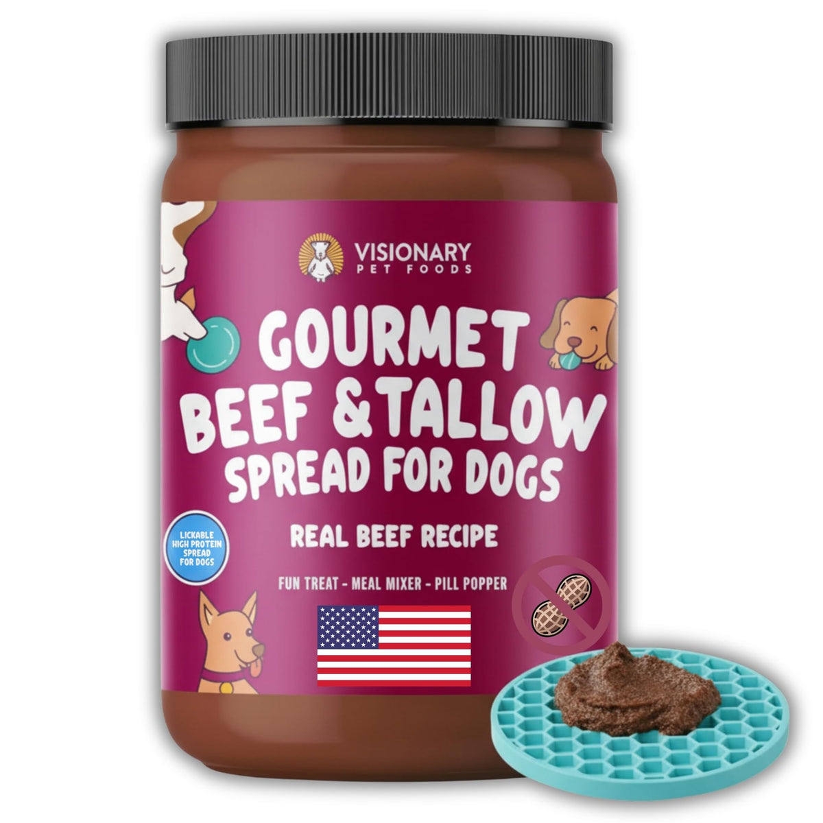 Visionary Pet Foods Beef Meat Spread in a jar, a protein-rich topper for meals and lick mats.