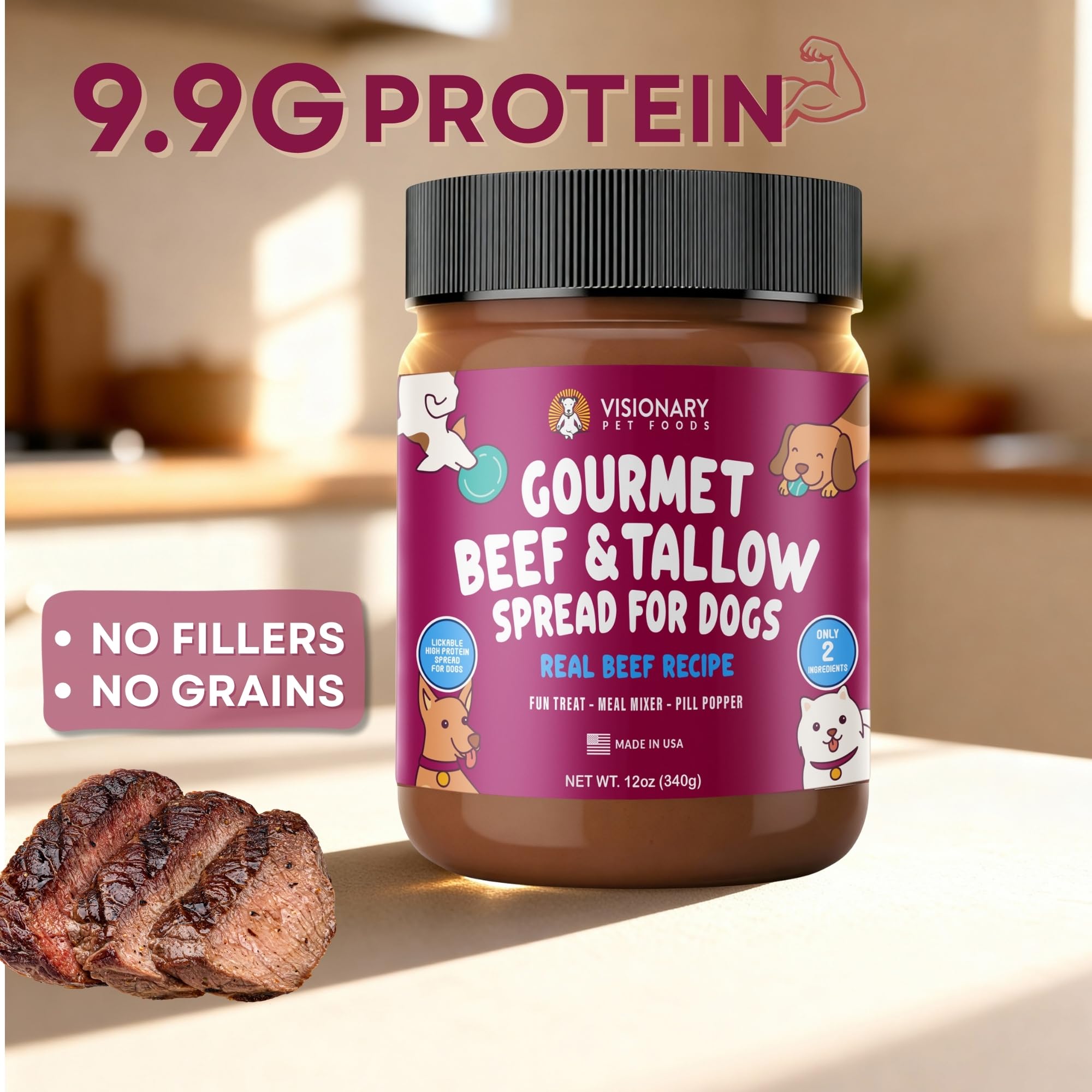 Visionary Pet Foods Beef Meat Spread on a lick mat, offering tasty enrichment for dogs.