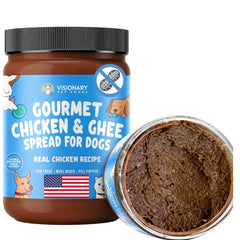 Visionary Pet Foods Chicken Meat Spread bottle pour reveals a protein-rich treat for dogs.