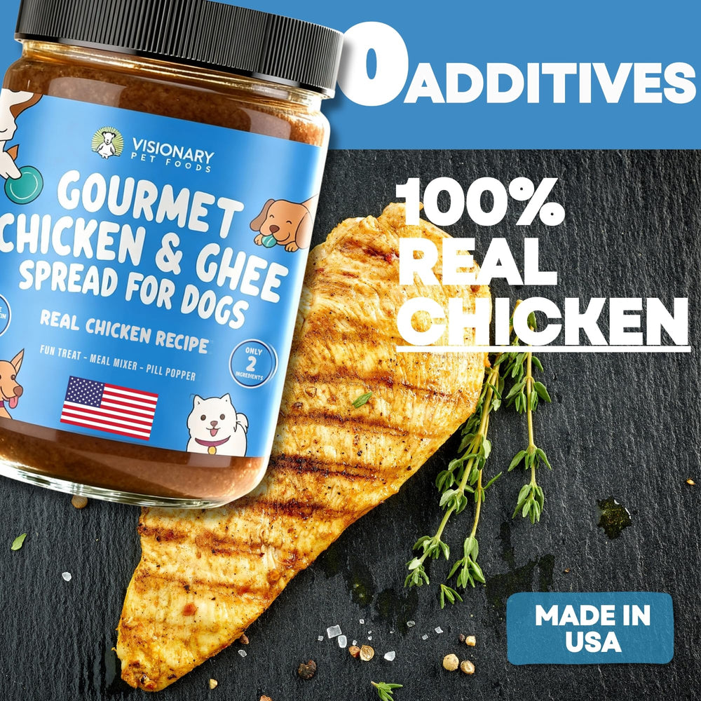 Visionary Pet Foods Chicken Meat Spread as a versatile dog treat mixer in meals.