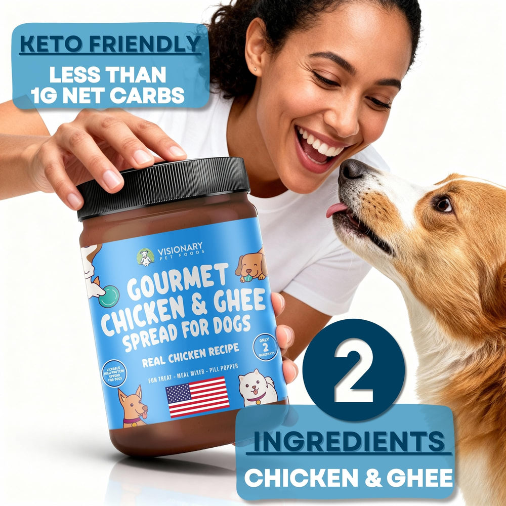Visionary Pet Foods Chicken Meat Spread jar offers 12oz of convenient daily use.