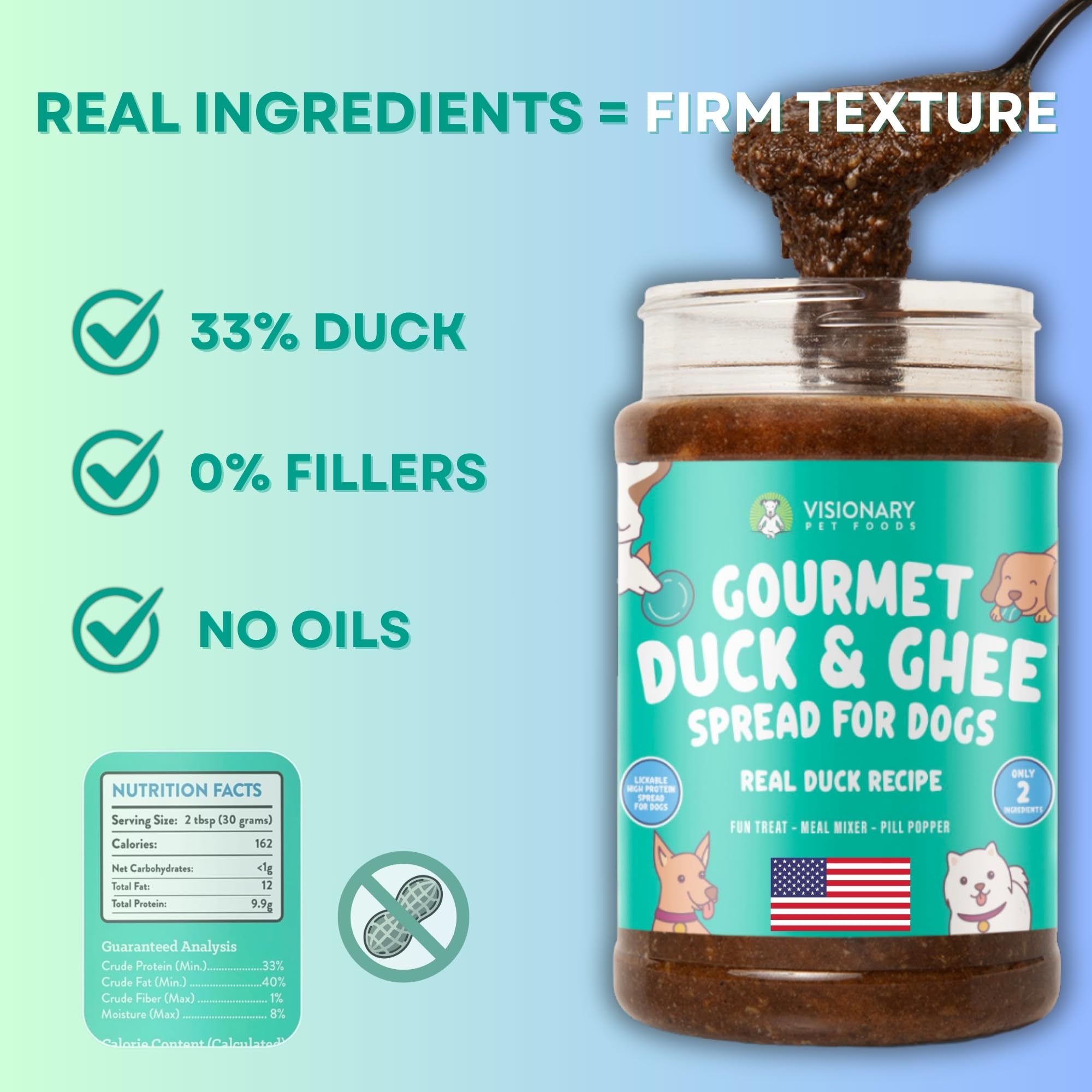 12oz jar packaging of Visionary Pet Foods Duck Meat Spread shown for convenience.