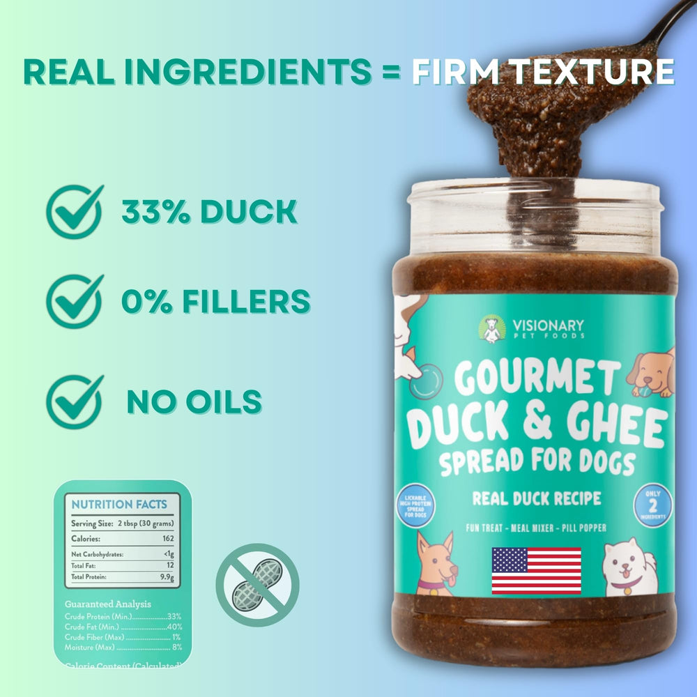 12oz jar packaging of Visionary Pet Foods Duck Meat Spread shown for convenience.