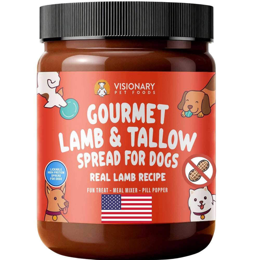 Visionary Pet Foods Lamb Tallow Meat Spread jar showing high-protein dog treat and real meat goodness