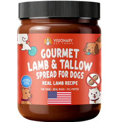 Visionary Pet Foods Lamb Tallow Meat Spread jar showing high-protein dog treat and real meat goodness
