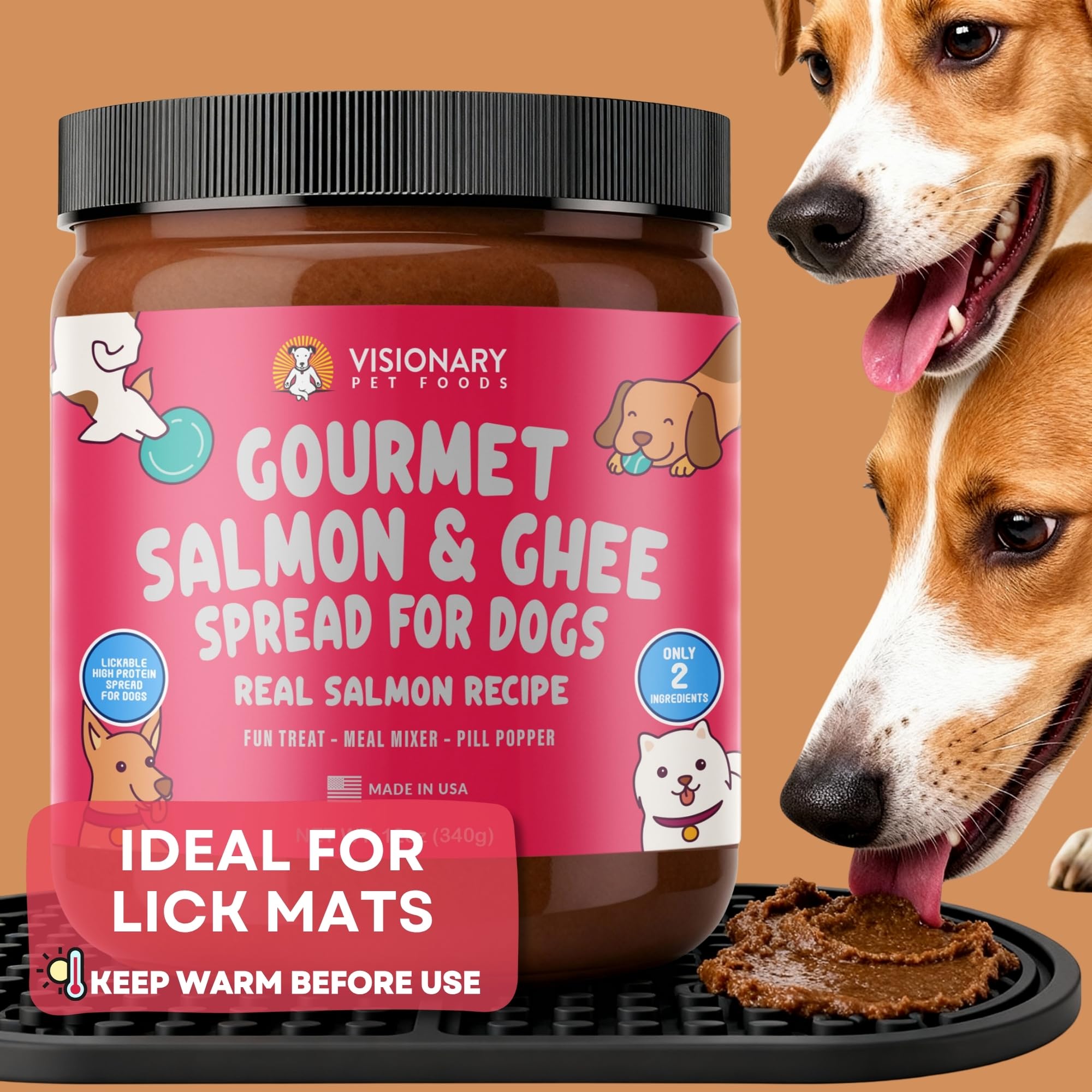 Visionary Pet Foods Salmon Meat Spread atop a meal topper for added flavor.