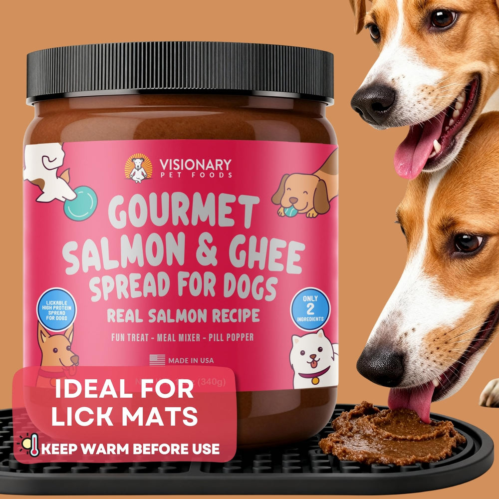 Visionary Pet Foods Salmon Meat Spread atop a meal topper for added flavor.