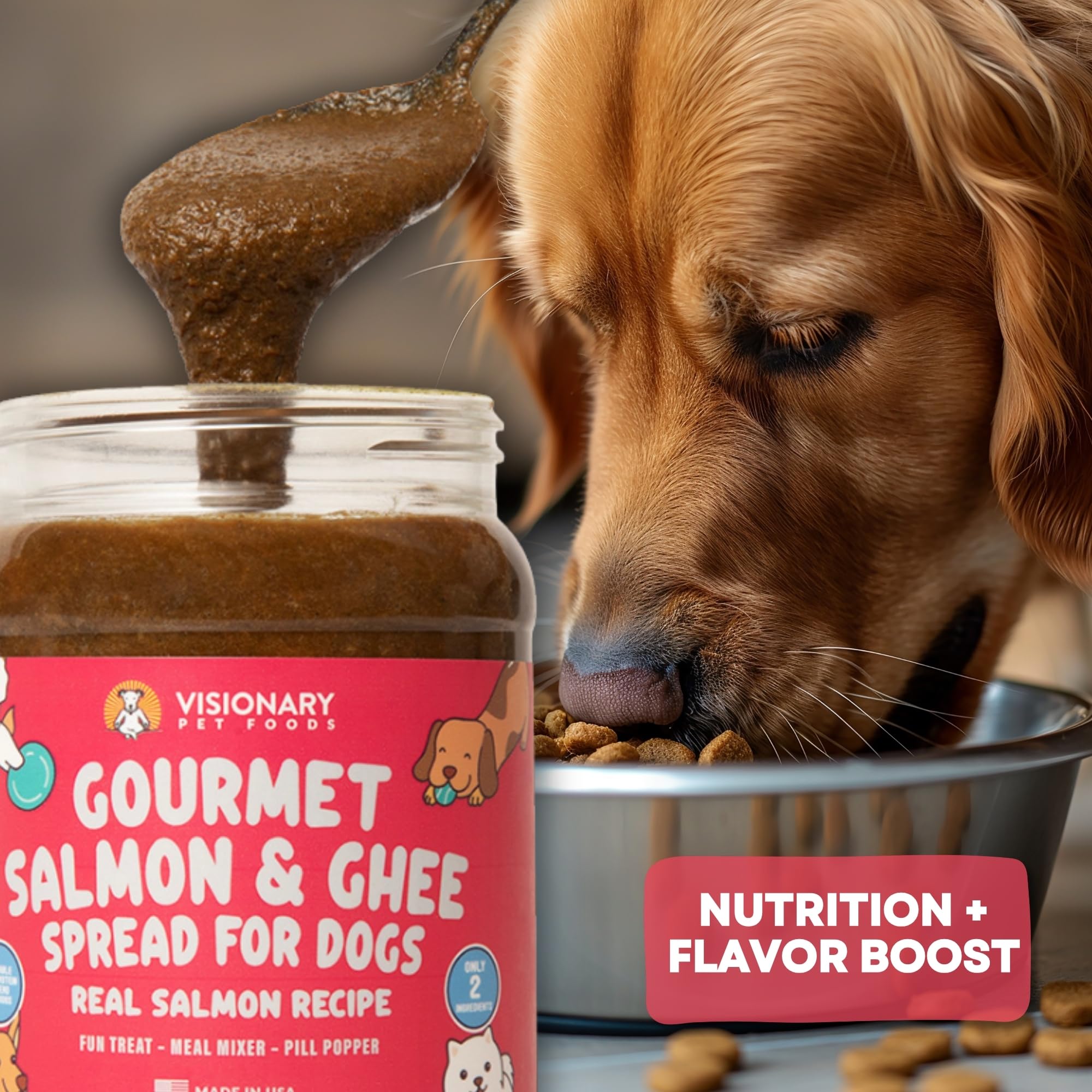 Visionary Pet Foods Salmon Meat Spread as a xylitol-free peanut butter alternative.