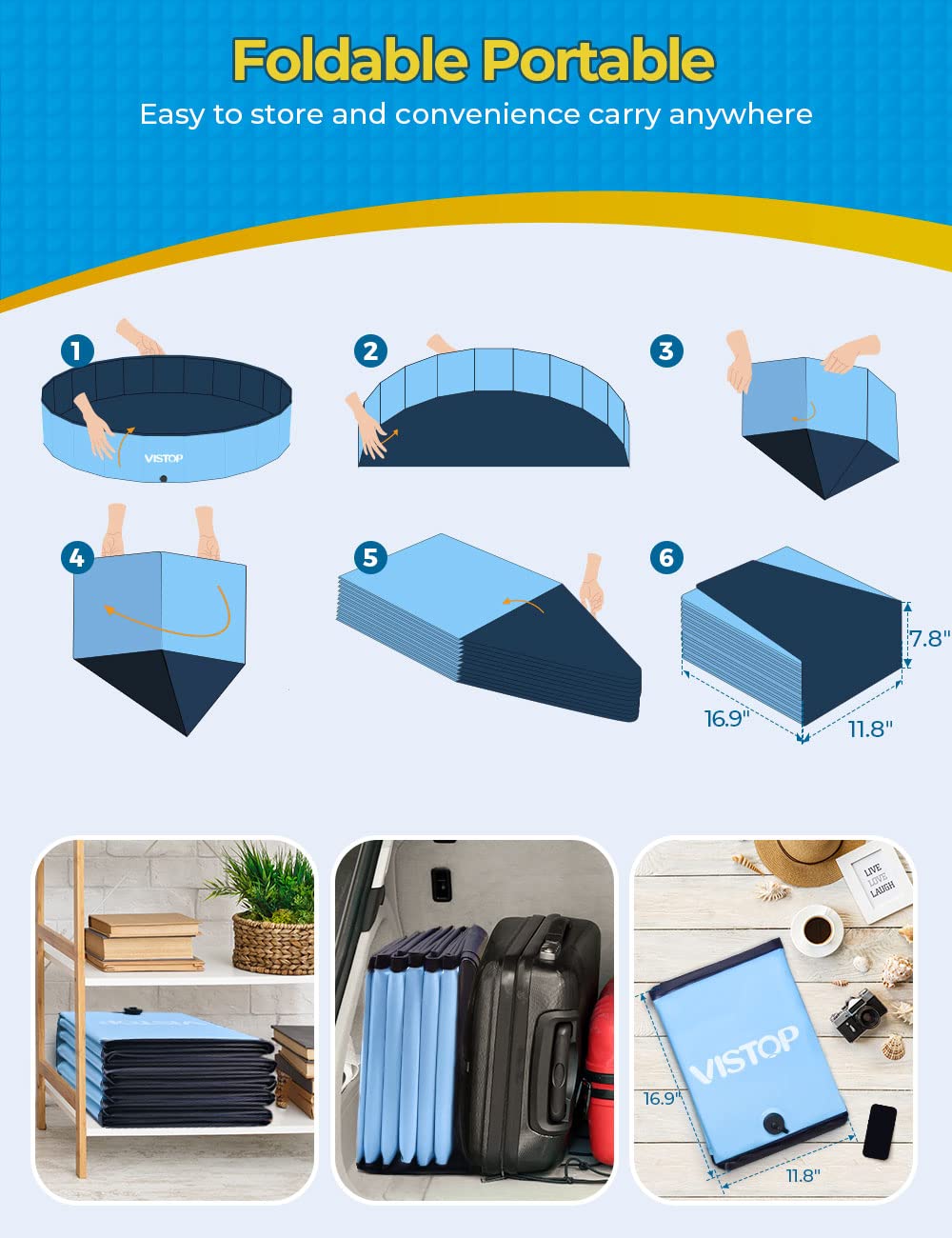 VISTOP Jumbo Foldable Dog Pool folded-compact offers portable storage for travel.