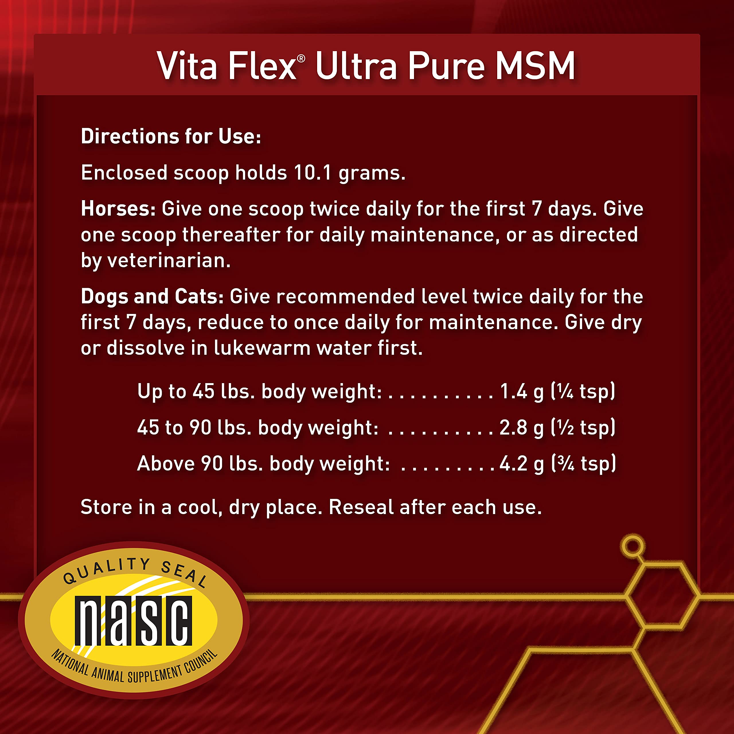 Vita Flex MSM Ultra Pure Joint Powder for multi-pet barns, economical 4-pound size.