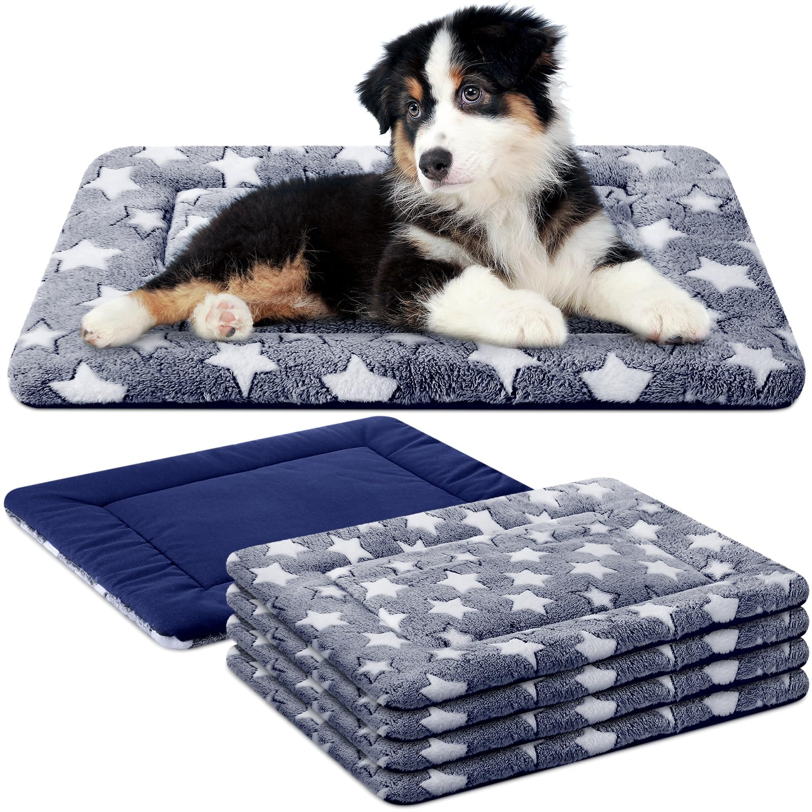 VitalCozy 4pc blue dog crate pad pack shows soft padding for cozy crate comfort.