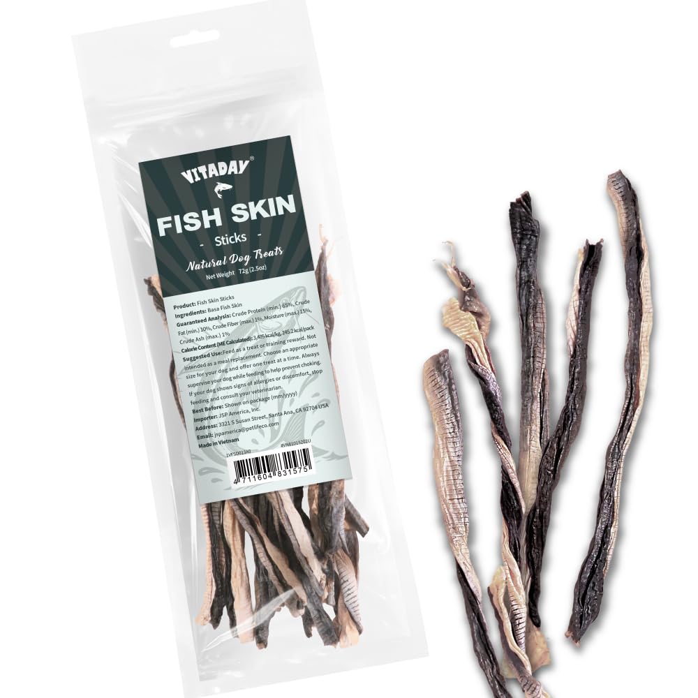 VITADAY dog jerky Basa skin pack — single-ingredient protein for sensitive stomachs.