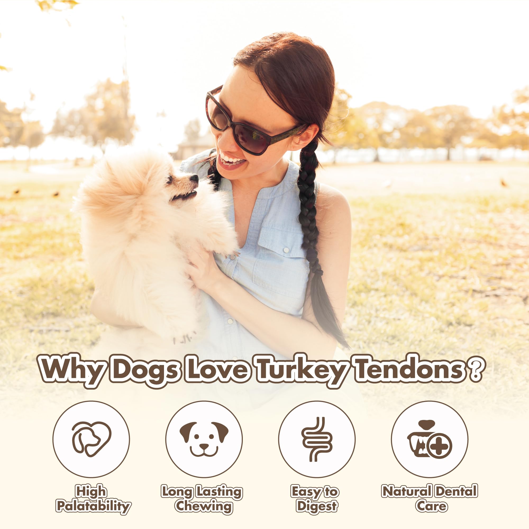 VITADAY turkey tendons chew action with a dog enjoying a long-lasting treat