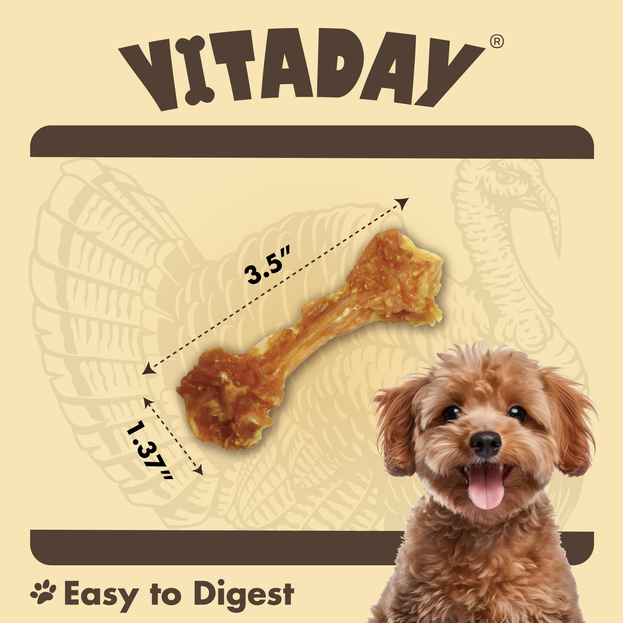 VITADAY turkey tendon texture close-up showing fibrous chew for dental-health support