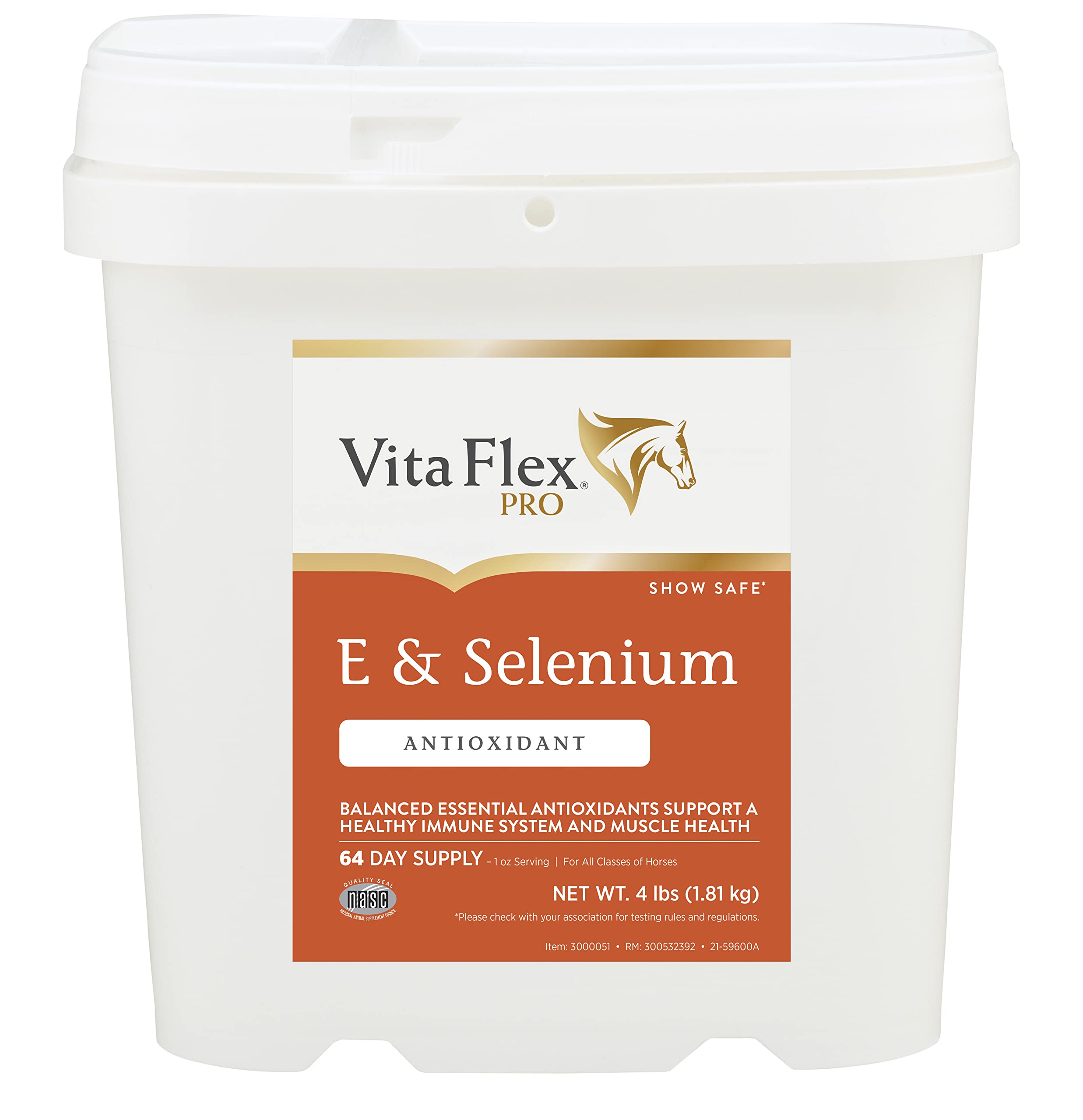 Vita Flex Pro E & Selenium bottle pouring supports antioxidant defense for horses.