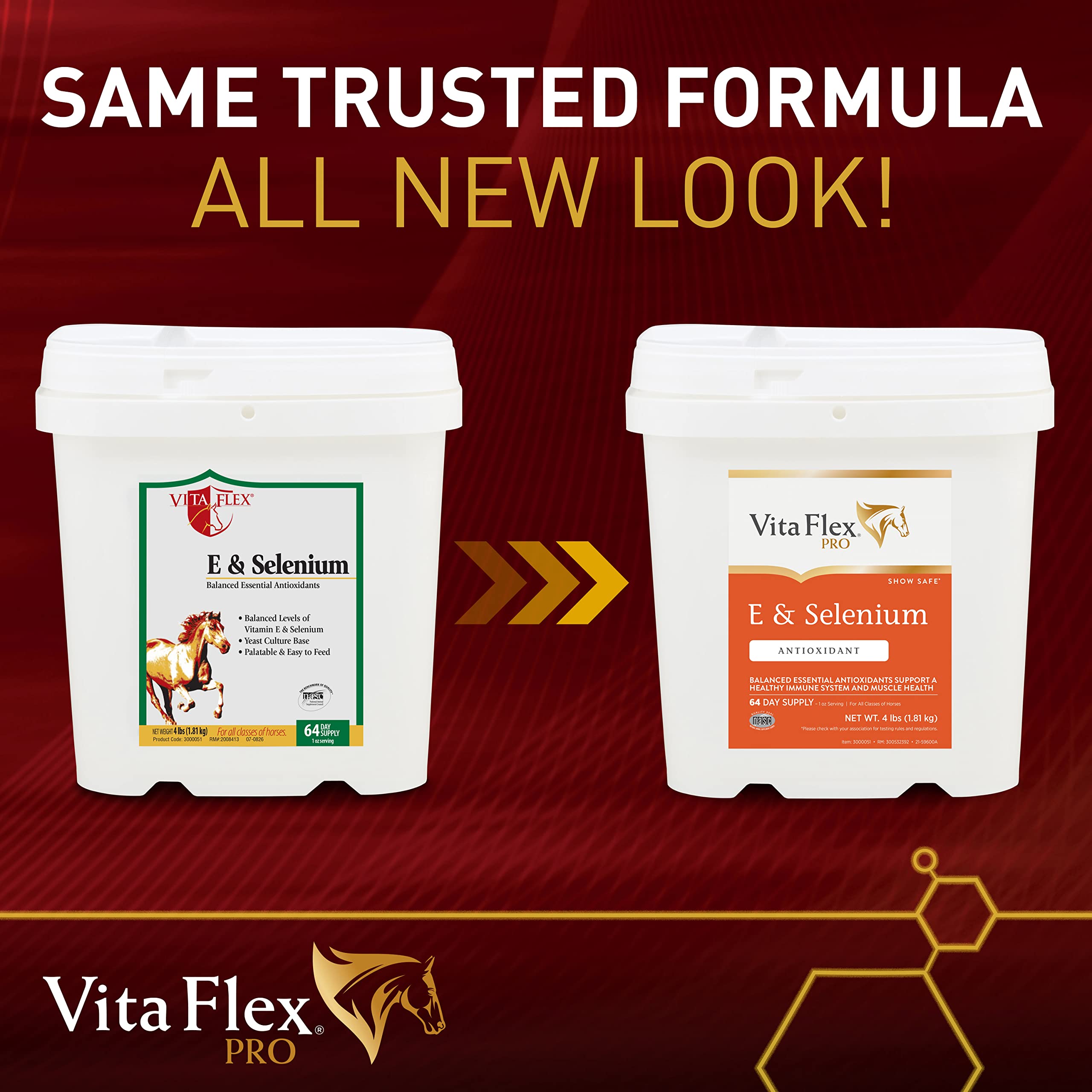Vita Flex Pro E & Selenium powder-dispense simplifies daily feeding for horses.