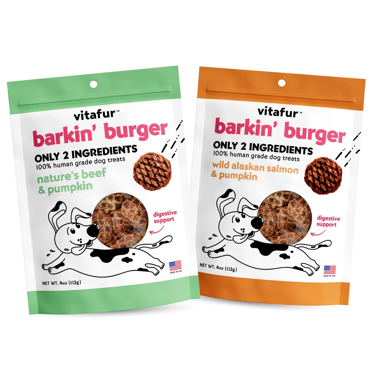 Vitafur Barkin Burger beef-pumpkin treat promotes lean muscle and tasty snacking.