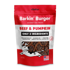 Vitafur Barkin Burger packaging shows USA-made two-ingredient dog treats