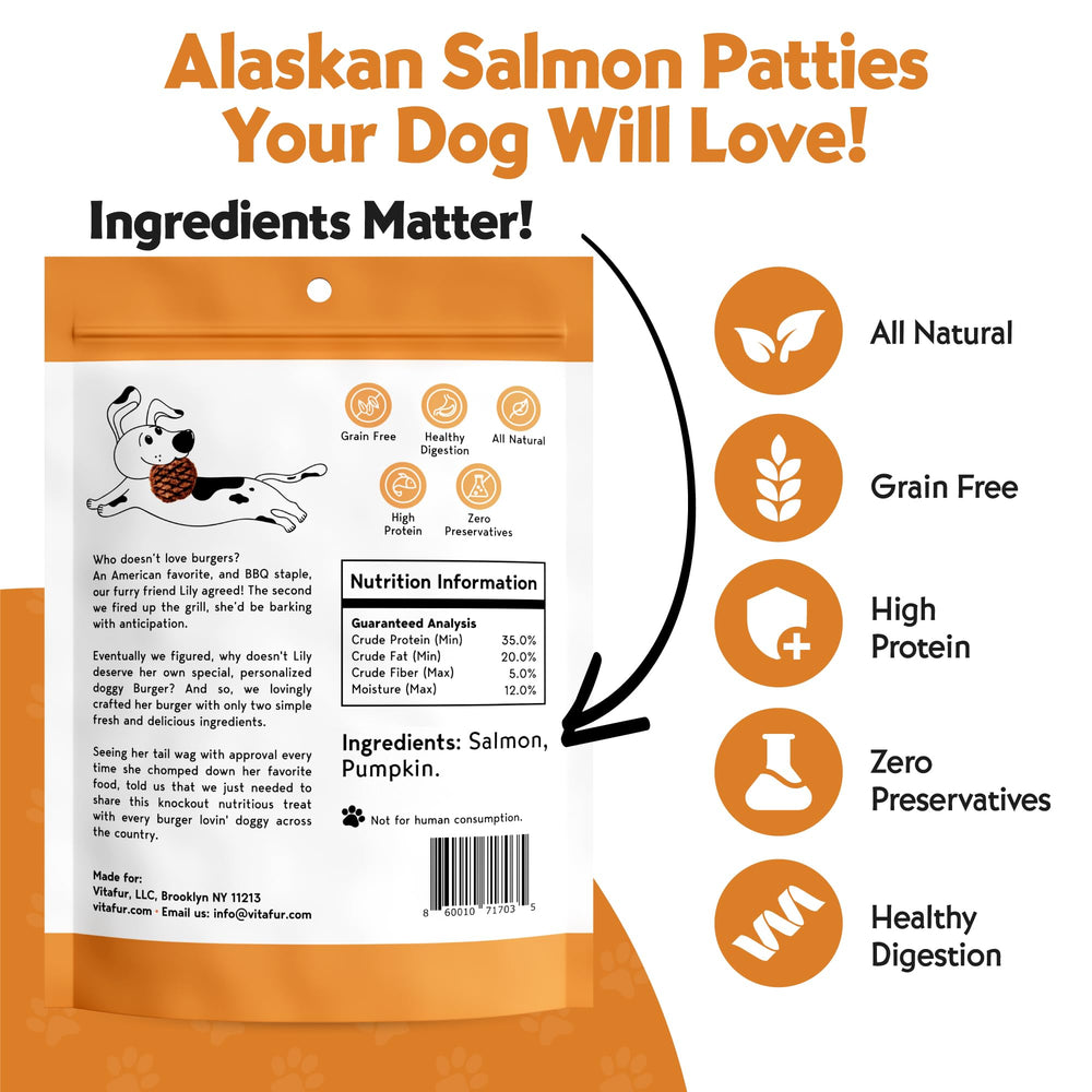 Vitafur Barkin Burger two-ingredient-shot highlights simple, natural ingredients.