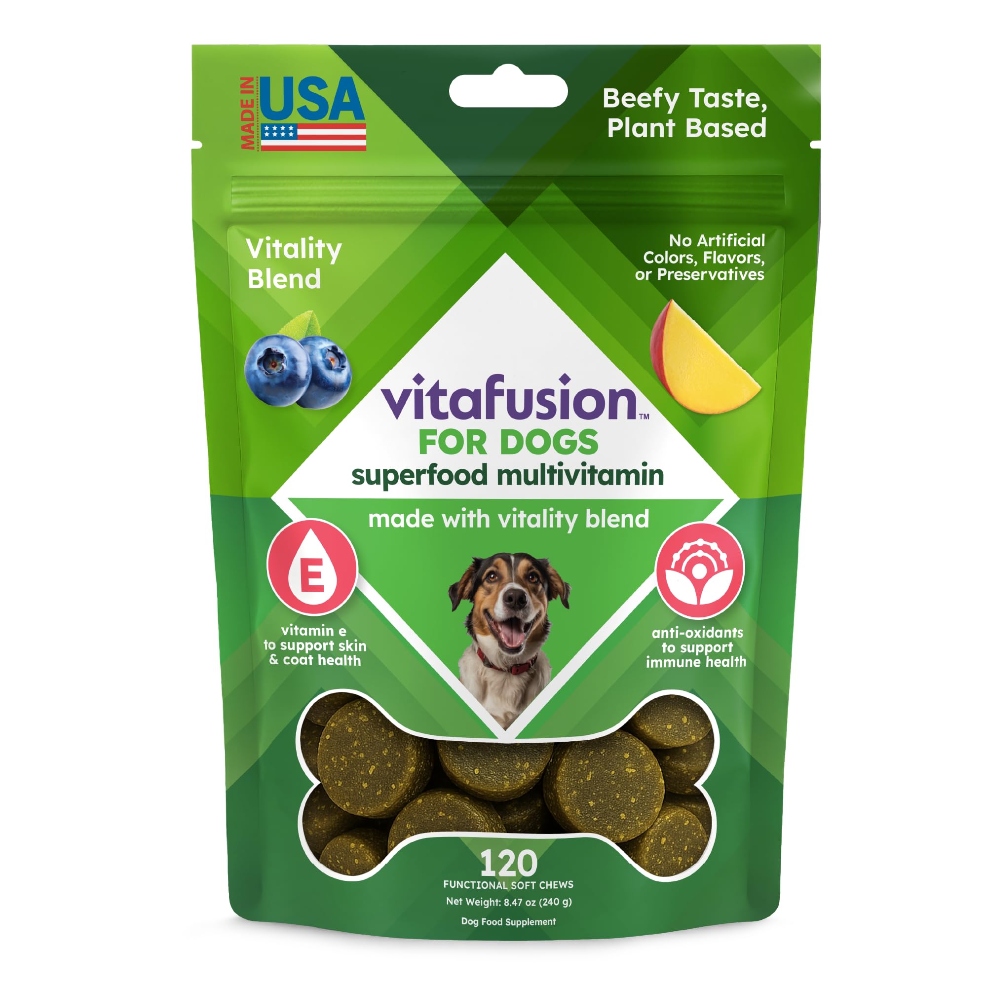 Vitafusion VitaFusion for Dogs bottle showing 120 chews for daily immune and bone support.