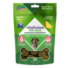 Vitafusion VitaFusion for Dogs bottle showing 120 chews for daily immune and bone support.