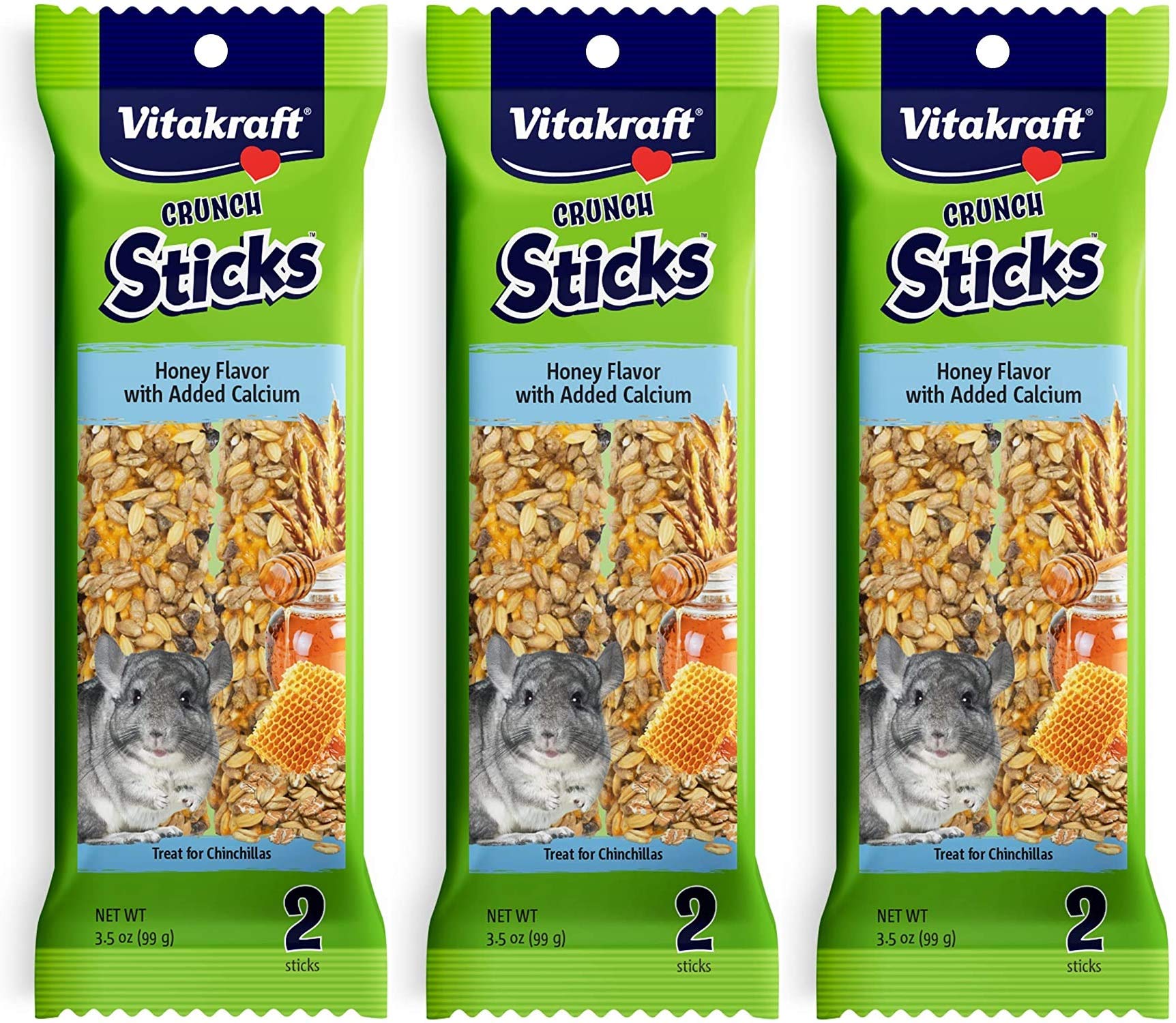 Vitakraft honey-flavor crunch sticks pack front with four flavors for variety and engagement
