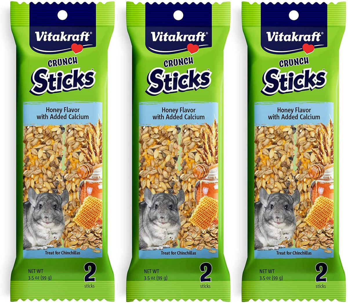 Vitakraft honey-flavor crunch sticks pack front with four flavors for variety and engagement