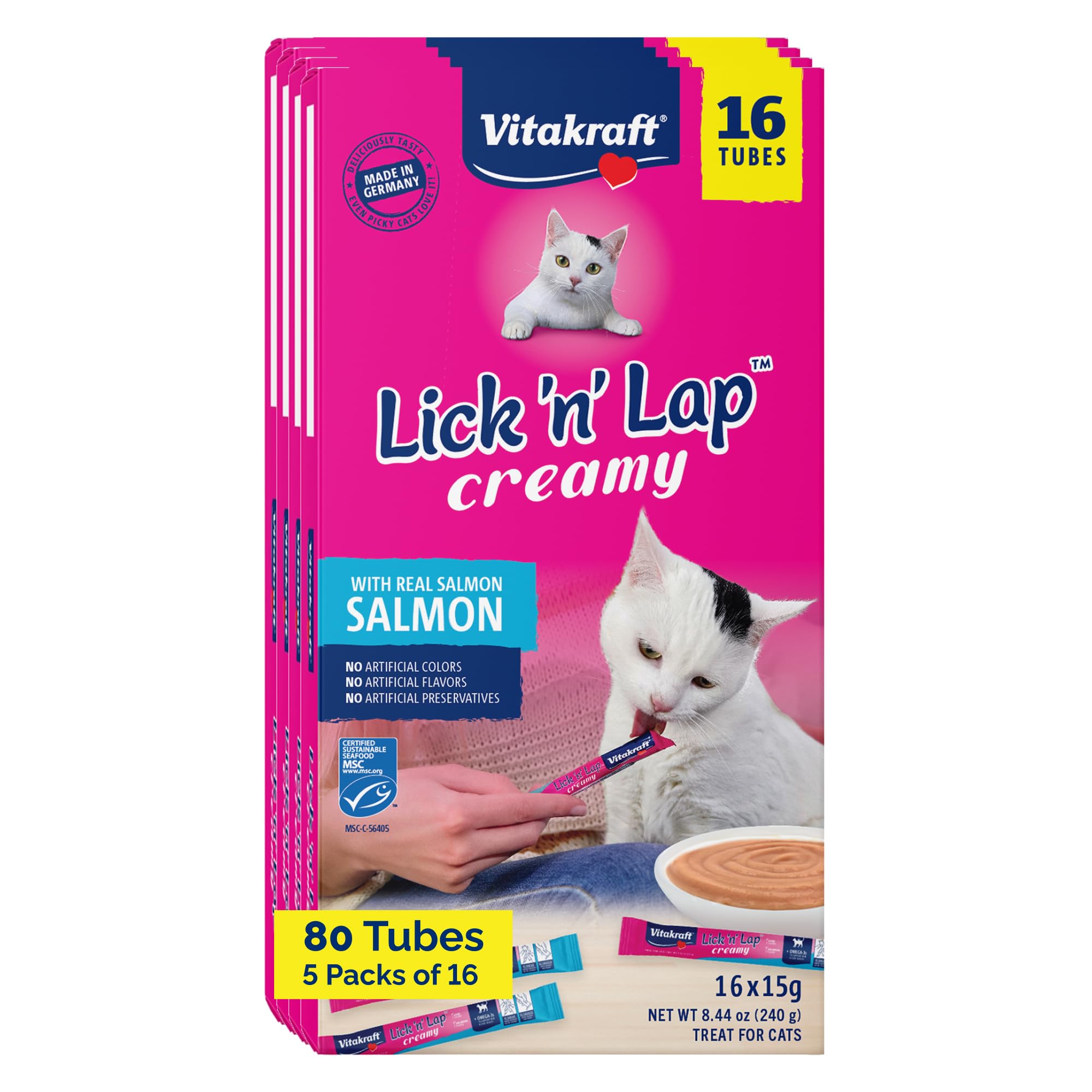 Vitakraft Lick 'N' Lap tube closeup, convenient single-serve portions for fresh, mess-free treats.