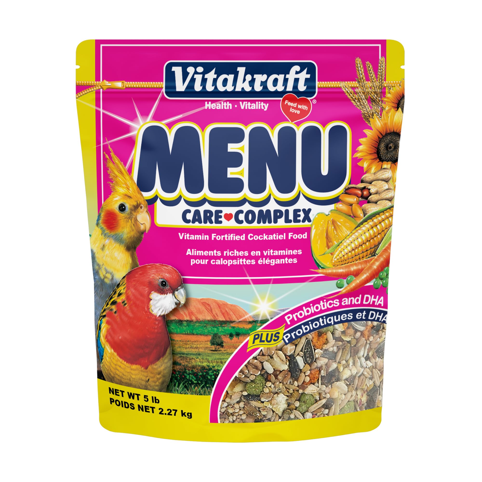 Vitakraft Menu Cockatiel Food bag front view promoting fresh resealable packaging for daily feeding.