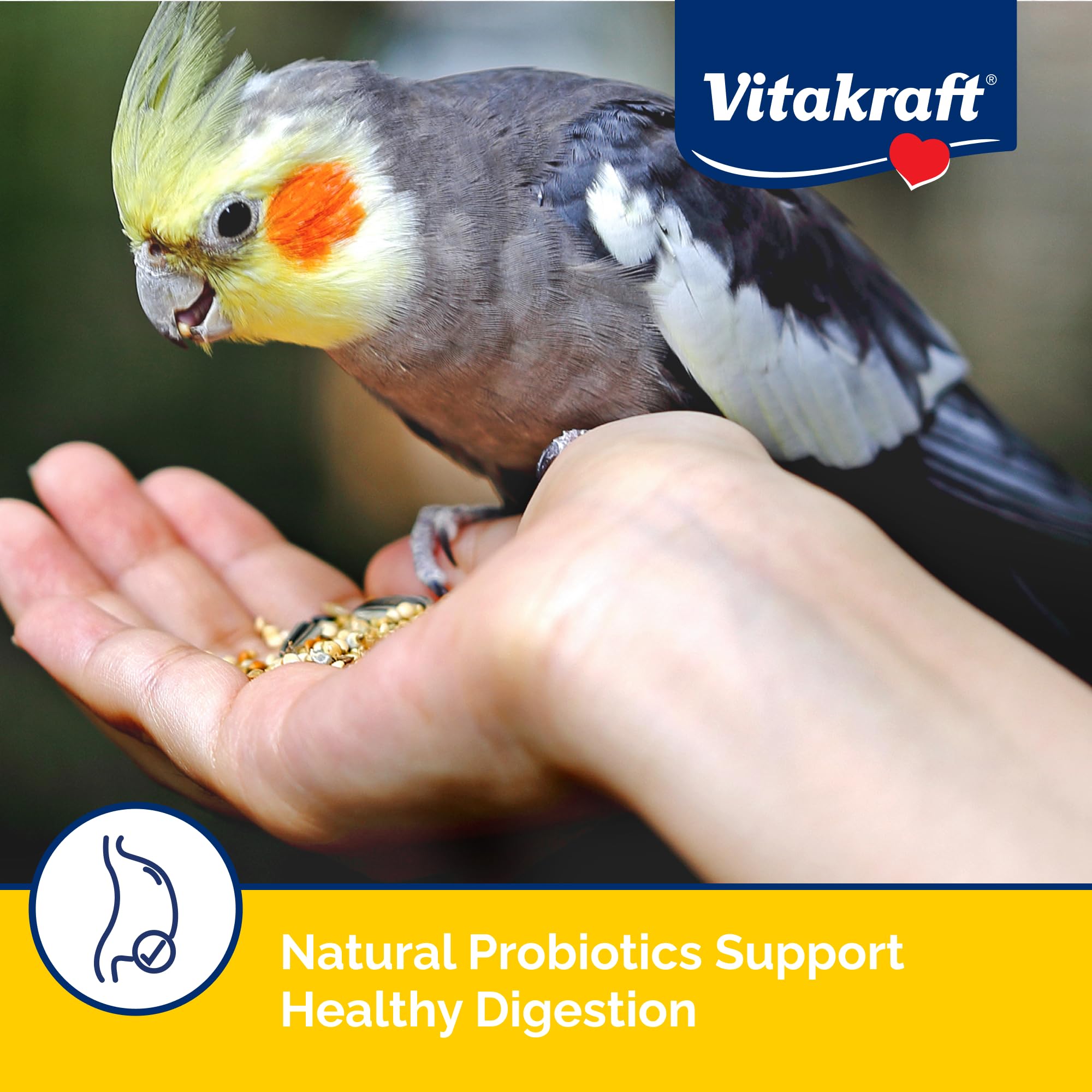 Vitakraft Menu Cockatiel Food highlights DHA and omega fats for feather health and wellness.