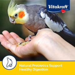 Vitakraft Menu Cockatiel Food highlights DHA and omega fats for feather health and wellness.