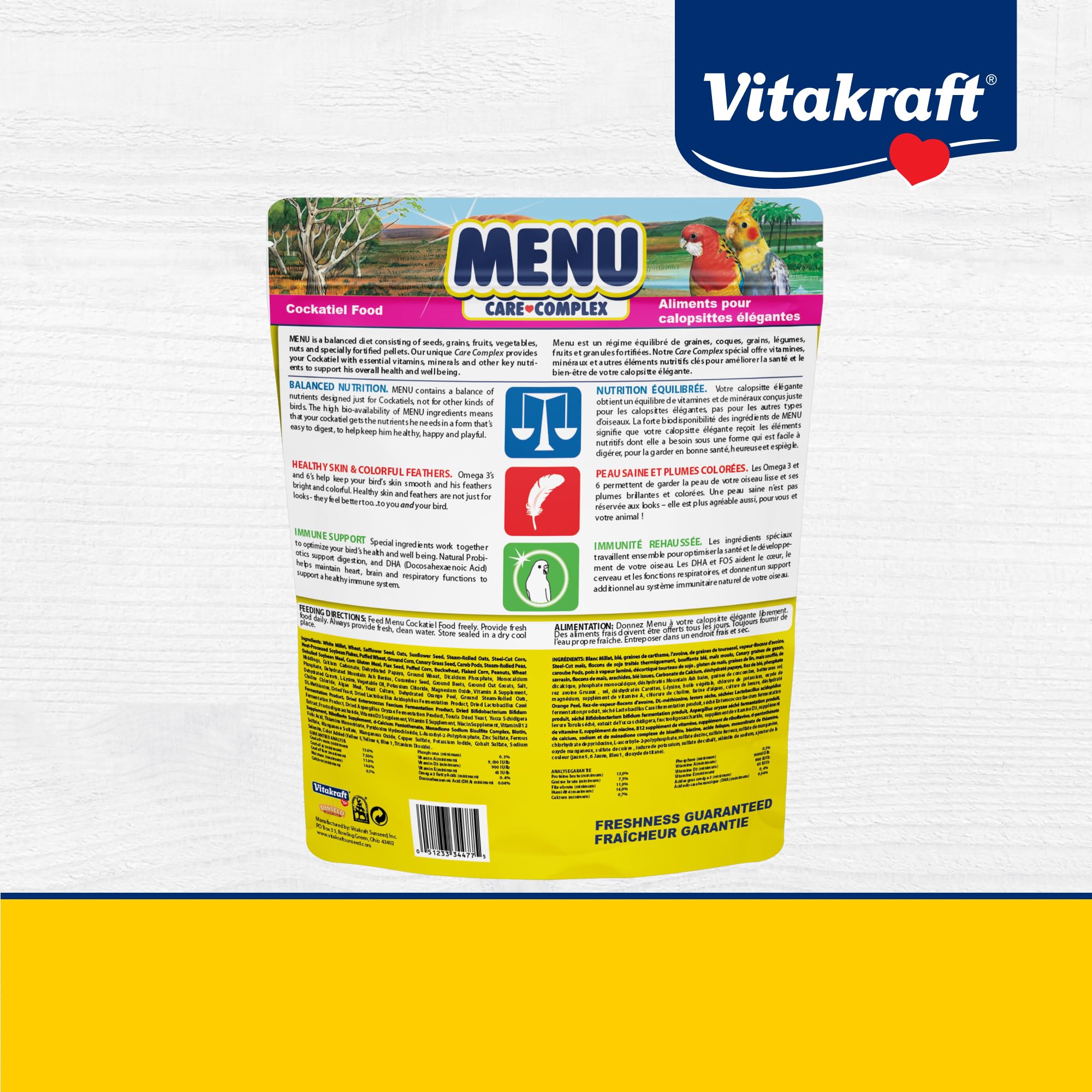 Vitakraft Menu Cockatiel Food resealable bag reinforces freshness and easy refills for busy owners.