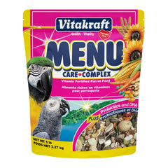 Vitakraft Menu Parrot Food bag closeup showing vitamin-rich mix for vibrant plumage