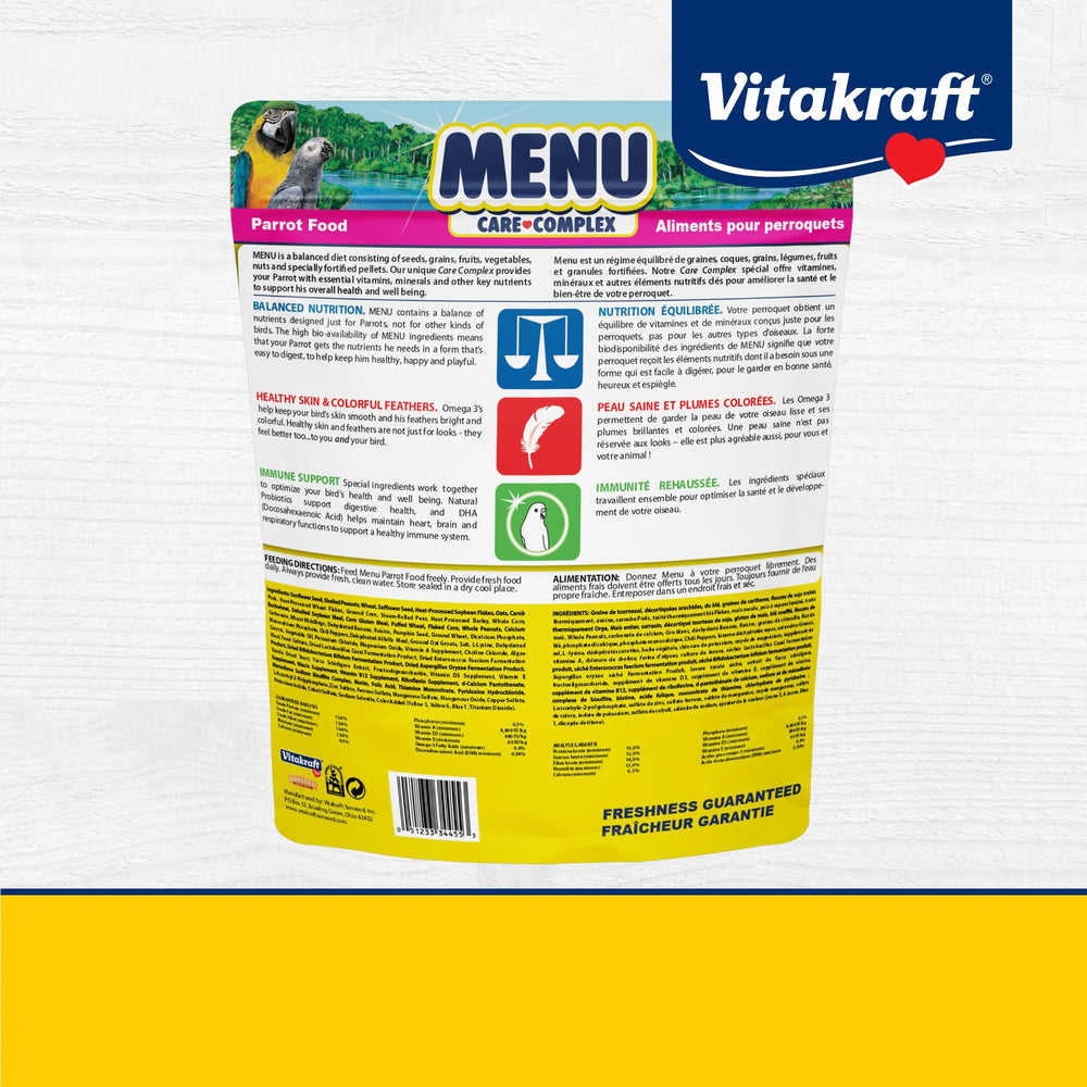 Vitakraft Menu Parrot Food feather-health image showing bright plumage support