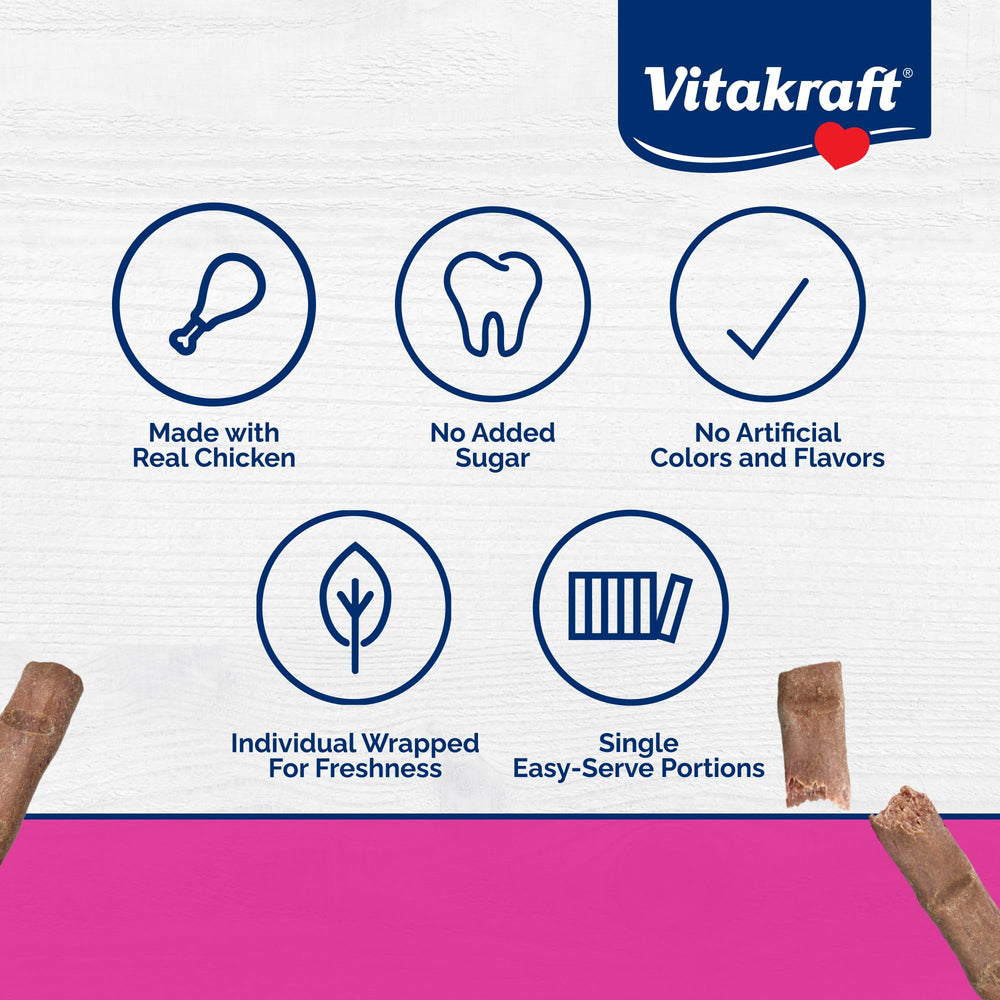 Vitakraft PurrSticks chicken stick with pack showing easy serving and freshness