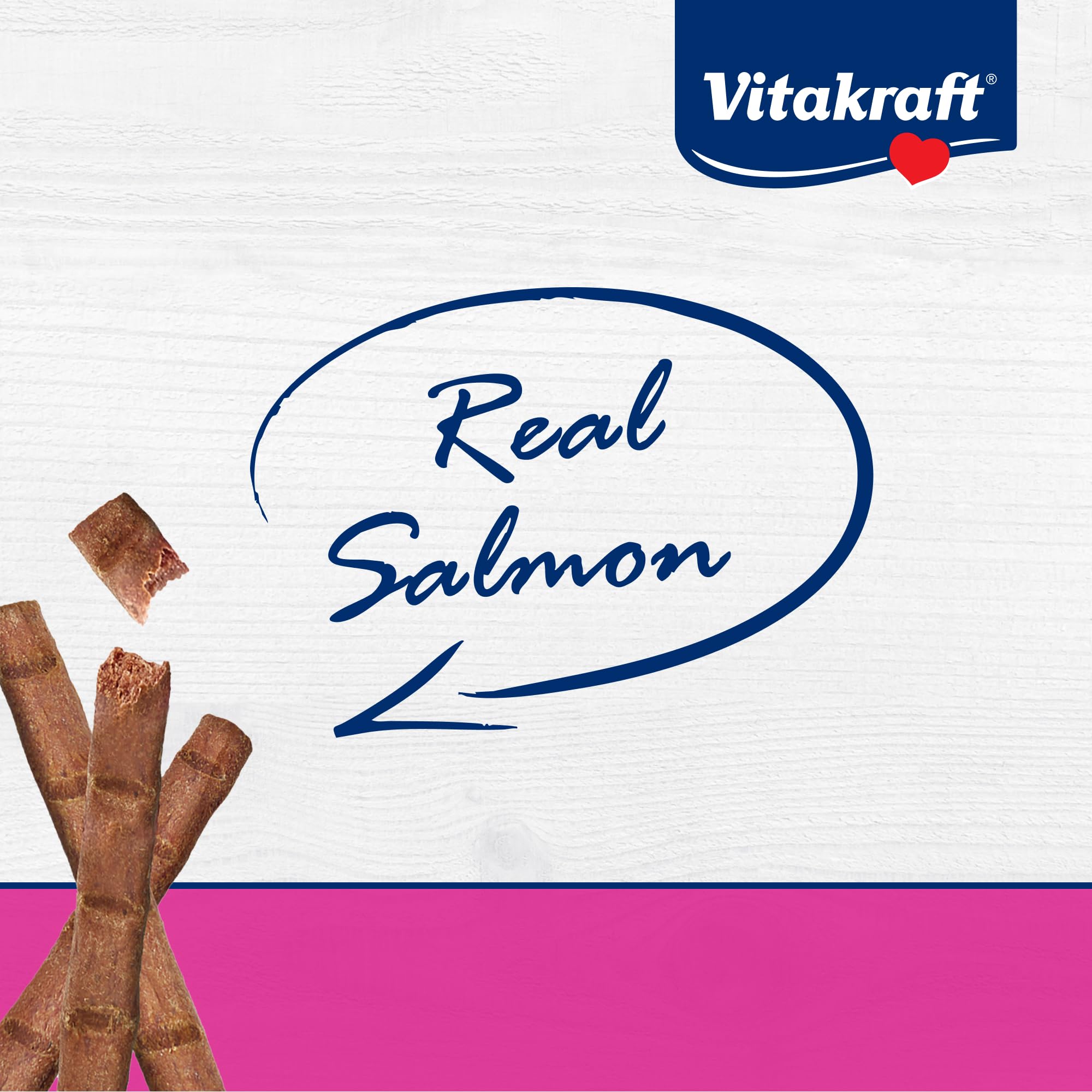 Vitakraft Purrsticks Salmon ingredients label highlights real meat and taurine.