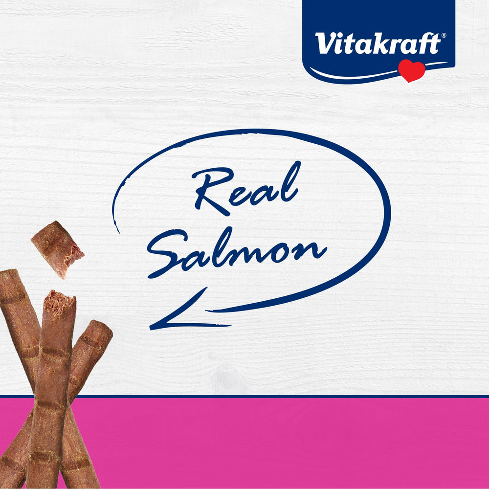 Vitakraft Purrsticks Salmon ingredients label highlights real meat and taurine.