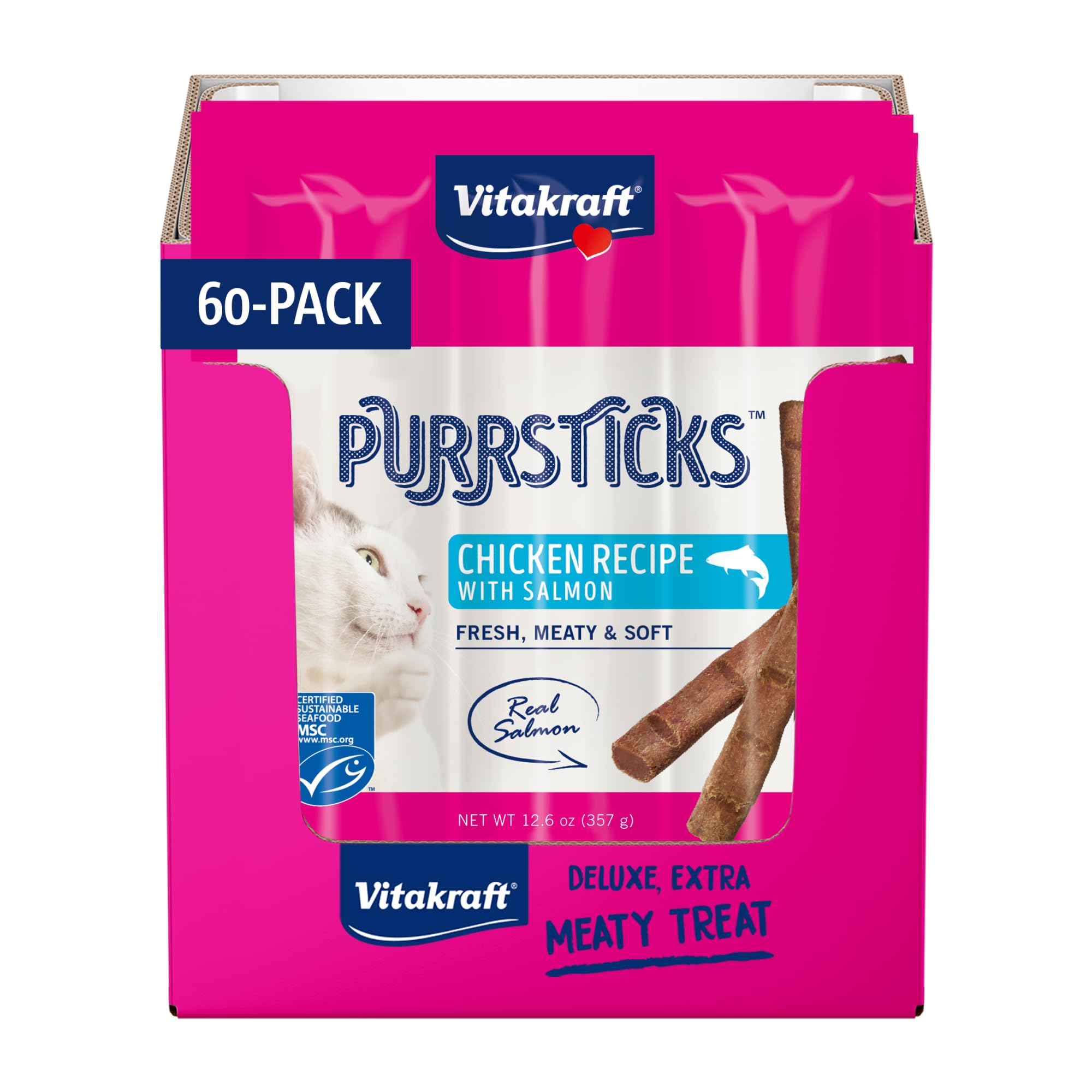 Vitakraft Purrsticks Salmon multi-pack box for on-the-go cat snacking.