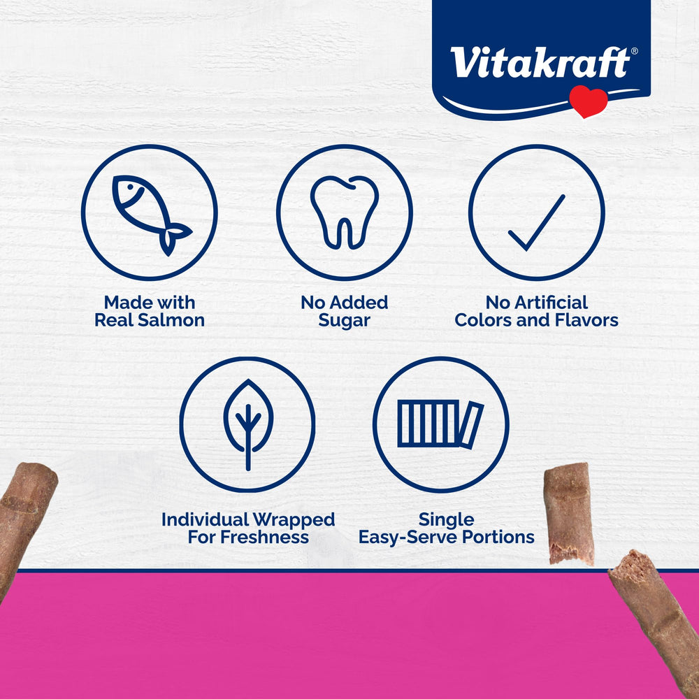 Vitakraft Purrsticks Salmon soft-stick close-up, easy-to-grab treat for kitty playtime.