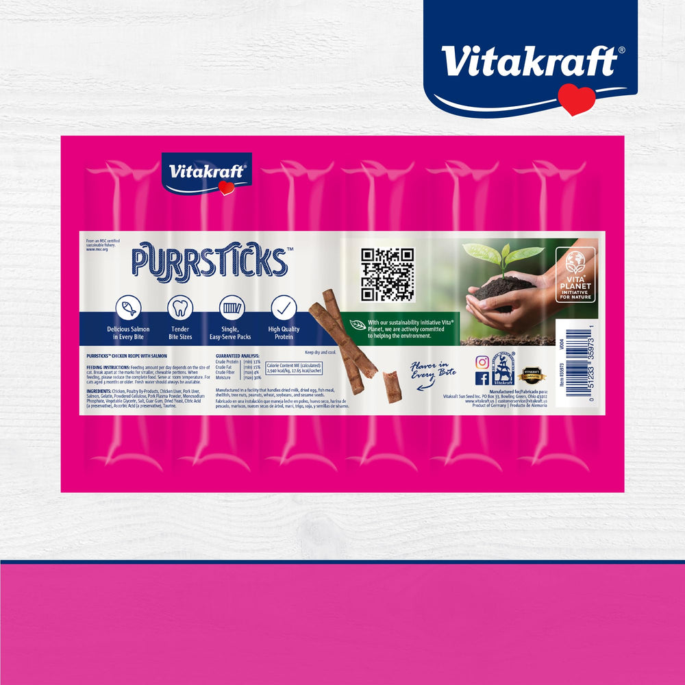 Vitakraft Purrsticks Salmon travel-friendly packaging ideal for vet visits and trips.