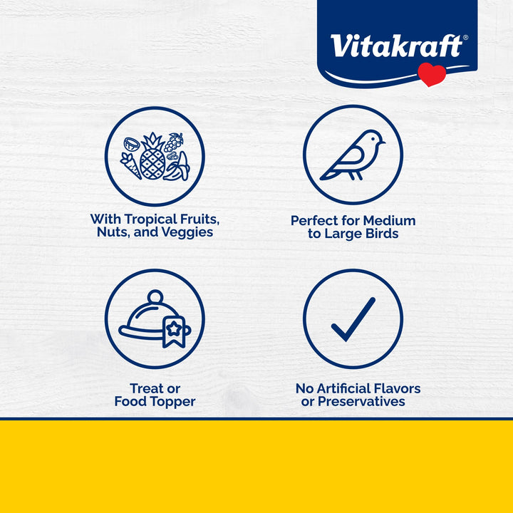 Ingredients close-up showing tropical fruits and nuts in Vitakraft mix