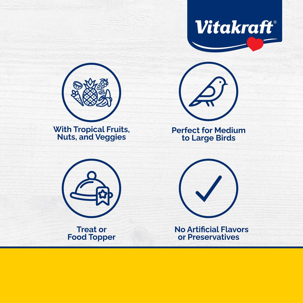 Ingredients close-up showing tropical fruits and nuts in Vitakraft mix
