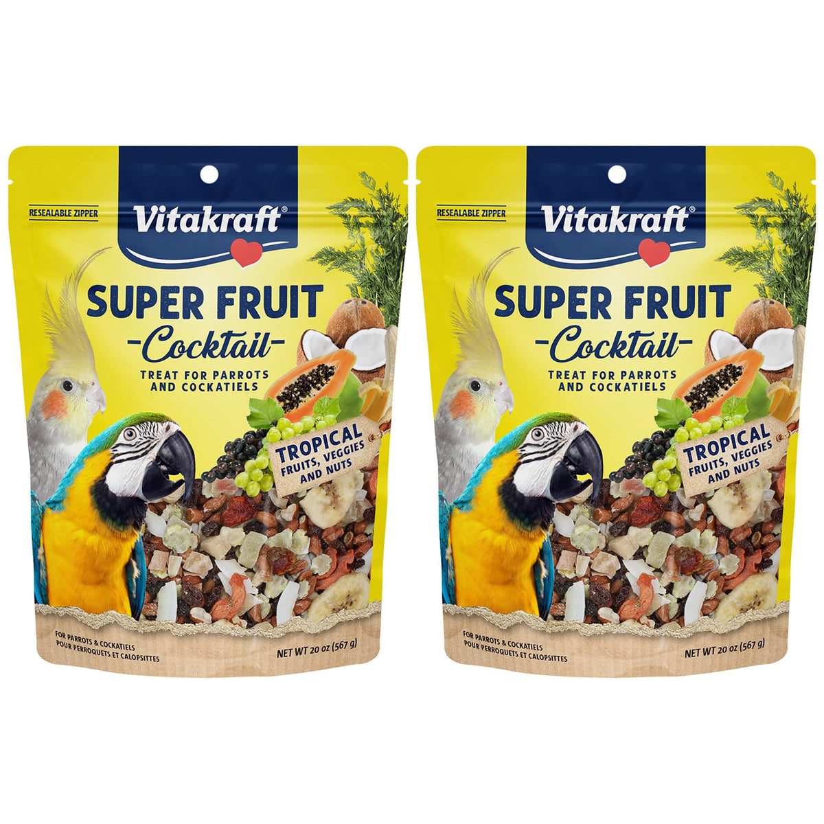 Vitakraft Super Fruit Cocktail parrot treat in hand, tasty enrichment for daily feeding