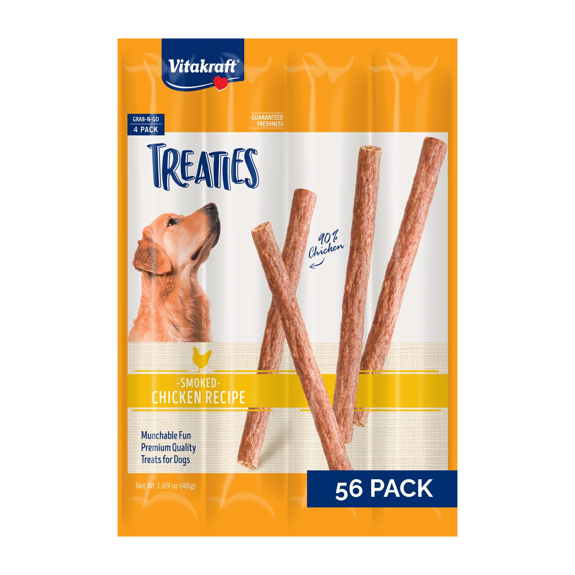 Vitakraft Treaties dog chew with 90% chicken for a durable, meaty bite.